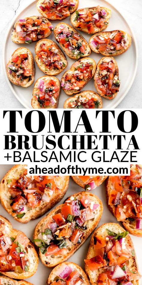 Crostini Appetizers Tomato, Baked Bruchetta Appetizers, Balsamic Bruchetta Recipe, Bruschetta Balsamic Glaze, Tomato Brushetta Appetizers, Dinner Appetizer Recipes, Bruschetta Recipe With Balsamic Glaze, Brushetta Recipes With Balsamic, Tomato Bruschetta With Balsamic Glaze