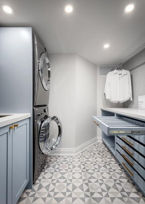 Soft Blue Laundry Room Cabinets with Pull Out Drying Rack - Transitional - Laundry Room Blue Powder Rooms, Blue Laundry Room, Rack Design Ideas, Laundry Room Organizing, Flat Front Cabinets, Purple Cabinets, Laundry Room Drying Rack, Transitional Laundry Room, Narrow Laundry Room