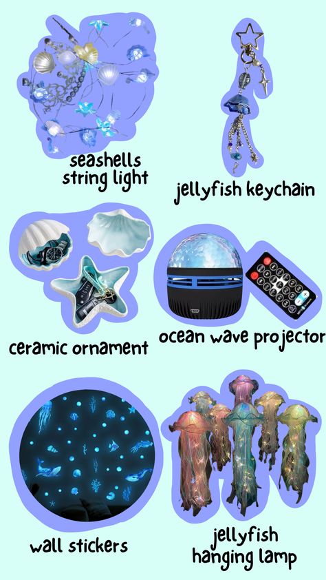 my recommendation for ocean room decoration style seashells string light, jellyfish keychain, starfish seashell ceramic ornaments, ocean wave projector for room, wall sticker glow in the dark, jellyfish hanging lamp Aquarium Wall Art, Ocean Inspired Room Bedrooms, Ocean Aesthetic Decorations, Sea Inspired Room Decor, Jellyfish Decor Diy, Jellyfish Room Ideas, Ocean Themed Bathroom Aesthetic, Dark Ocean Bedroom, Bedroom Decor Themes