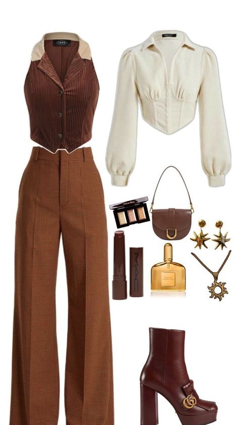 Brown Outfits For Women Classy, Vintage Outfit Moodboard, Powerful Women Aesthetic Outfits, Modern Outfit Aesthetic, Copper Silk Skirt Outfit, Old Money Dresses Casual, Brown Aesthetic Vintage Outfit, Athena Aesthetic Outfits, Goddess Style Outfits Casual