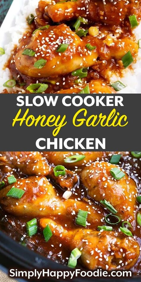 Slow Cooker Honey Garlic Chicken is a sweet and savory Asian inspired chicken recipe. This delicious slow cooker chicken recipe has lots of honey and garlic, as well as other yummy ingredients. This crock pot honey garlic chicken recipe is done in just a few hours! simplyhappyfoodie.com Honey Garlic Chicken Crock Pot, Chicken Thighs Slow Cooker Recipes, Honey Chicken Crockpot, Crock Pot Honey Garlic Chicken, Asian Inspired Chicken, Garlic Chicken Crockpot, Garlic Chicken Slow Cooker, Slow Cooker Chicken Recipe, Slow Cooker Honey Garlic Chicken