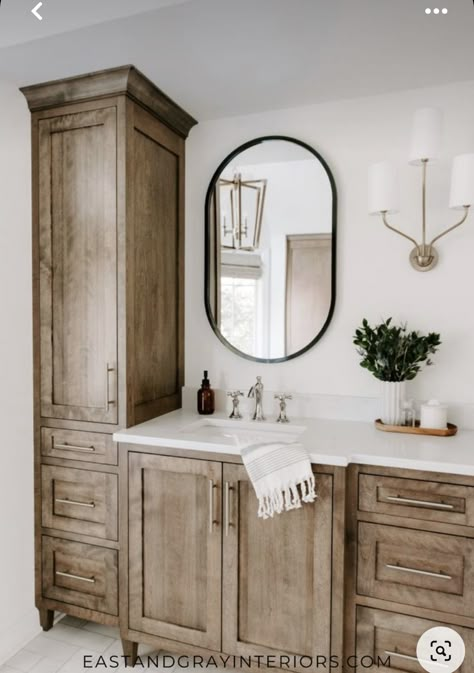 Natural Wood Vanity, Kid Friendly Home, Gray Interiors, Wood Bathroom Cabinets, Decorate House, Shaker Village, Bathroom Plans, New House Bathroom, Cabin Bathrooms