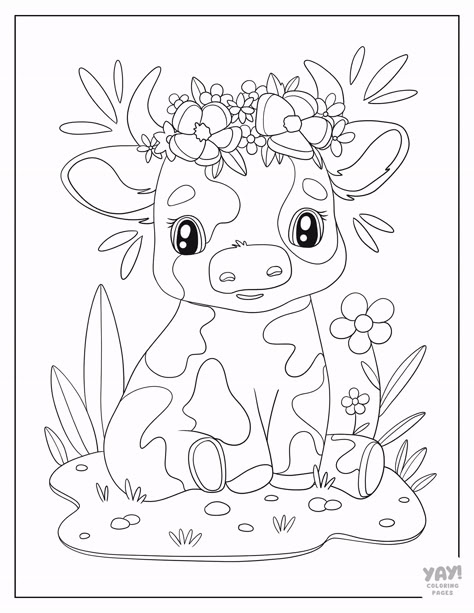 Cute cow with flower crown. Fun Easy Coloring Pages, Cute Flower Coloring Pages, Yay Coloring Pages, May Coloring Pages Free Printable, Coloring Pages Cute Animals, Coloring Papers Printable, Coloring For Kids Free Printables, Cute Free Coloring Pages, Lisa Frank Coloring Pages Free Printable