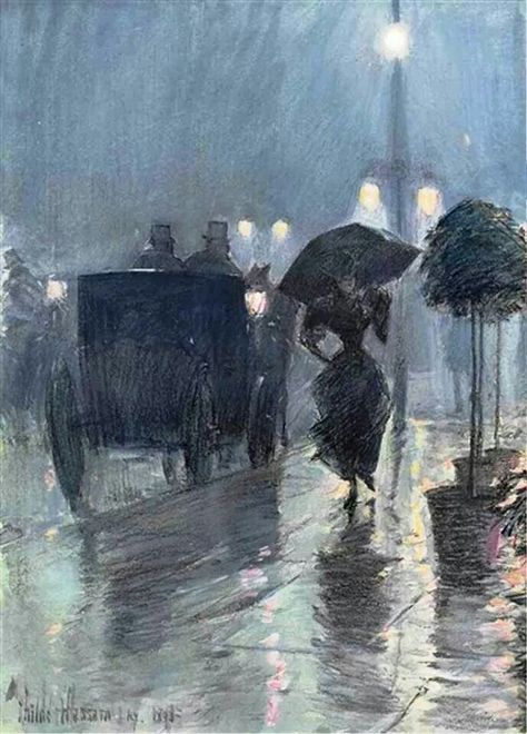 Evening in the Rain Hassam Paintings, Childe Hassam Paintings, Impressionistic Paintings, Frederick Childe Hassam, American Impressionism, Rain Painting, Rain Art, Childe Hassam, Umbrella Art