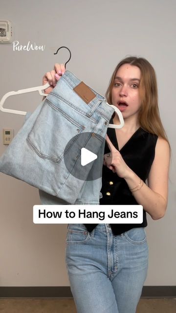 PureWow on Instagram: "How to hang jeans, the right way. 😉👖 Send this to someone who needs this hack for their closet!   #hacks #howtohangjeans #hangingjeans #foldingjeans" Jeans Hanging Hacks, Pants On Hanger Hack, How To Put Jeans On A Hanger, Jean Hanging Hack, How To Hang Blue Jeans In Closet, Hanging Jeans Hack, Ways To Hang Jeans In Closet, Folding Jeans On Hanger, Hanging Jeans On Hanger