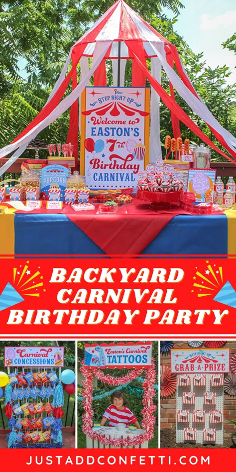 Step right up! Come one, come all! It's a Backyard Carnival Birthday Party! This carnival birthday party is such a fun theme for a kids birthday party! This party is filled with adorable party printable decorations, carnival party food ideas, games and prizes. Not to mention an adorable tattoo booth for temporary tattoos. All of the party printables are available in my Just Add Confetti Etsy shop. Also, be sure to head to justaddconfetti.com for even more kids party ideas and themes! Carnival Style Birthday Party, Carnival Booth Decorations, Temporary Tattoo Carnival Booth, Cheap Carnival Party Ideas, Carnival Birthday Party Prizes, Carnival Birthday Party Invite, Fun Fair Party Ideas, Fun Fair Birthday Party, Diy Circus Birthday Party