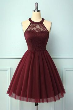 Black Party Dresses Short, Short Party Dresses, School Dance Dresses, Fluffy Skirt, Lace Halter Dress, Short Party Dress, Cute Prom Dresses, Burgundy Lace, Lace Homecoming Dresses