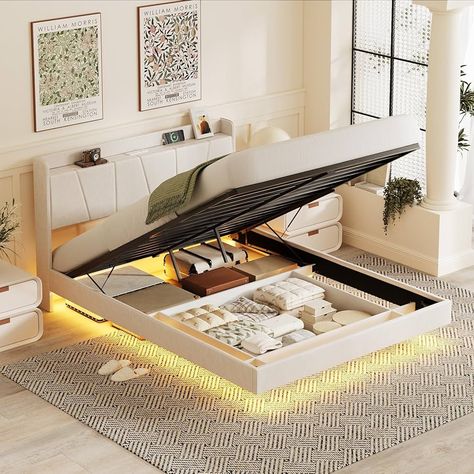 Amazon.com: Halitaa Queen Size Bed Frame Floating Bed Frame with LED Lights & Lift Up Storage Upholstered PU Leather Platform Bed with Charging Station, Headboard Modern Storage Bed, No Box Spring Needed, White : Home & Kitchen Floating Bed Frame Plans, Bed Frame Floating, Bedframe Ideas, Modern Storage Bed, Modern Storage Beds, Bed Frame With Led Lights, Headboard Modern, Leather Platform Bed, Storage Beds