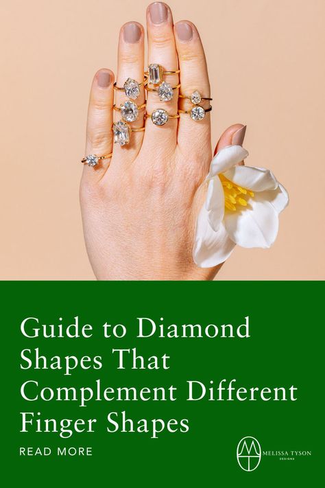 Picking the perfect diamond shape is more than just a matter of taste; it's also about finding a shape that complements your finger type. Just like clothes, certain diamond shapes can enhance the natural beauty of your hands. Whether you have long, short, slim, wide, or petite fingers, there is a diamond shape that will look just right on you. 😊 Short Fingers, Organic Engagement Rings, Engagement Rings On Finger, Best Diamond Rings, Dimond Ring, Shape Chart, Handcrafted Engagement Ring, Ring Cuts, Best Engagement Rings