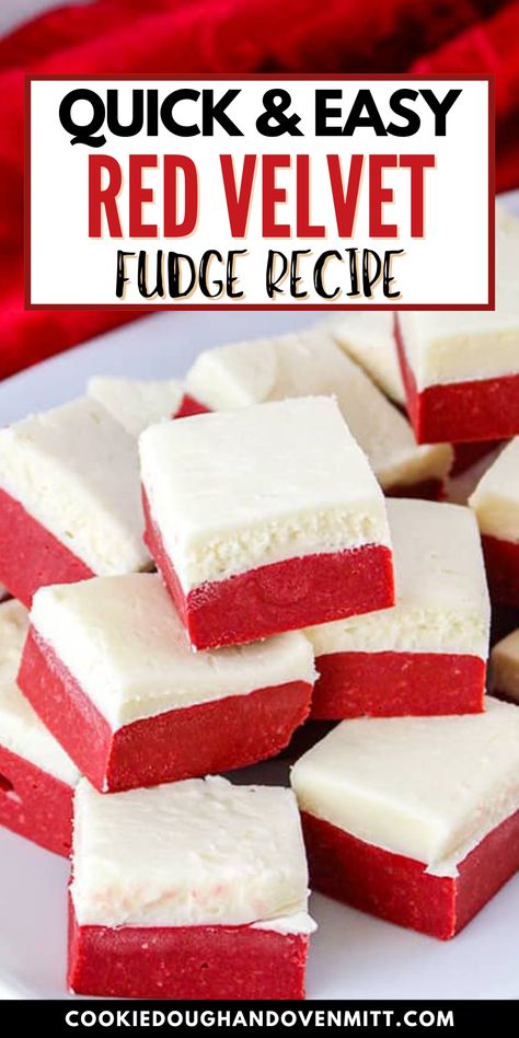 Easy Red Velvet Fudge, topped with cream cheese, combines semi-sweet and white chocolate chips with sweetened condensed milk for a decadent treat. The blend of chocolates and cream cheese creates a velvety, rich flavor, making it an ideal sweet for any occasion, from a special celebration to a mid-week treat. White Chocolate Rocky Road Fudge, Red Velvet Fudge Recipe, Cream Cheese Fudge Recipe, Sweetened Condensed Milk Fudge, Cream Cheese Fudge, Velvet Fudge, Cheese Fudge, Red Velvet Fudge, Fudge Candy