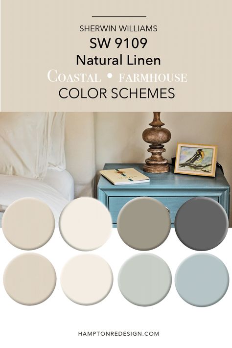 Try these coordinating color schemes using SW 9109 Natural Linen color paint. These two palettes are great for coastal and farmhouse themes to use throughout the house. Natural Linen is a perfect neutral paint color that can work in any home decor though. #sw9109 #naturallinen #sherwinwilliamspaintcolor Sw Farmhouse Color Palette, Cottage Interior Colors Paint Colours, Coordinating Neutral Paint Colors, Best Linen Paint Color, Cottage Neutral Paint Colors, Sw Boho Paint Colors, Sw Light Neutral Paint Colors, Sw9109 Natural Linen, Shaker Color Palette