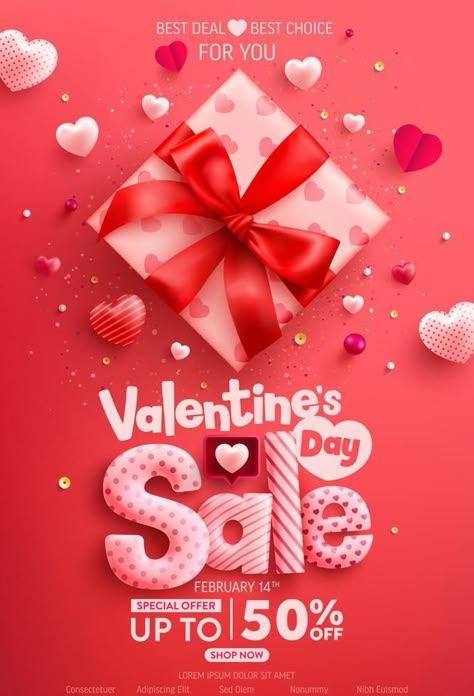 Valentine's Day Sale Poster or banner with cute gift box and sweet hearts on red background.Promotion and shopping template or background for Love and Valentine's day concept. Valentines Day Promotion Design, Valentines Sale Poster, Valentine Giveaway Ideas, Valentine Graphic Design Poster, Valentine Design Poster, Giveaway Design Ideas, Valentine Promotion Design, Valentines Poster Design, Valentine Creative Ads