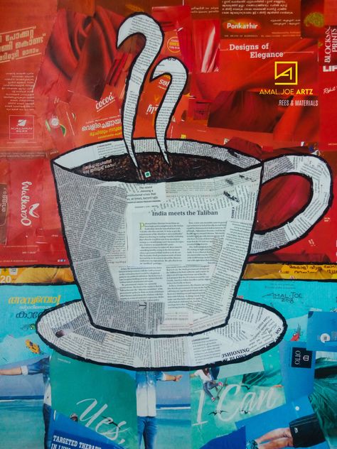 Collage Using Recycled Materials, Collage Recycled Materials, Coffee Collage Art, Collage Magazine Art, Paper Collage Art Ideas Easy, Magazine Art Projects, Magazine Collage Ideas, Collage Drawing Ideas, News Paper Art