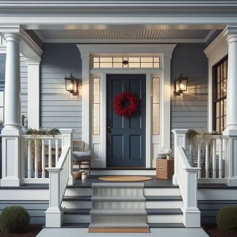 colorful front porch ideas - ScDecorum Front Porch Ideas Dark Gray House, Gray House Front Porch, Gray Porch Paint, Front Porch Color Ideas, Cape Cod Front Porch Ideas, Front Porch Paint Colors, Front Porch Paint Ideas, Porch Color Ideas Paint, Porch Color Ideas