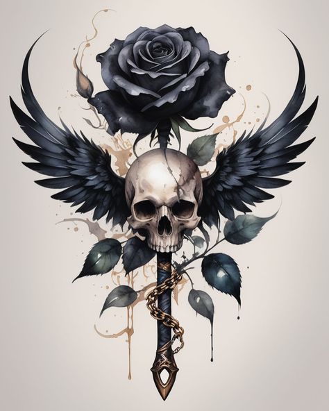 Black Rose And Skull Tattoo, Goth Roses Wallpaper, Dark Angel Tattoo For Women, Skull With Barbed Wire Tattoo, Punk Rock Tattoo Ideas, Skulls And Roses Tattoos, Hummingbird Skull Tattoo, Gothic Skull Tattoo, Dark Line Art