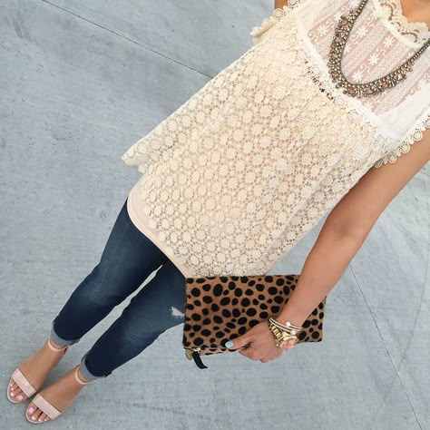 Cream Lace Top Outfit, Lacy Tops Outfit, Lace Top With Jeans, Cream Top Outfit, Lace Top Outfit, Leopard Clutch, Stylish Petite, Cream Lace Top, Popular Instagram