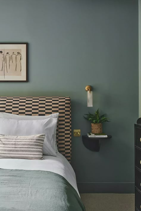 Moody Bedroom | Topology Interiors Topology Interiors, Bedroom Ideas Moody, Blue Green Bedrooms, Spare Bedroom Office, Clifton Village, Moody Bedroom, Loft Bedroom, Hotel Room Design, Living Room Decor Inspiration