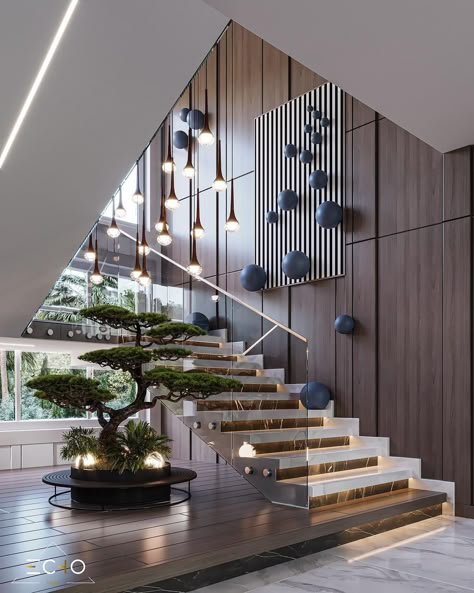 Home Entrance With Stairs, Staircase Side Wall Design Ideas, Stairs Side Wall Design, Luxury Staircase Design, Staircase Wall Design, Staircase Interior Design, Modern Stair Railing, Luxury Staircase, Staircase Design Modern