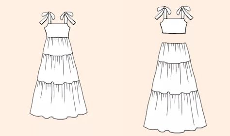 Easy Dresses To Sew For Beginners, How To Sew Maxi Dress, Simple Tiered Dress Pattern, Three Tier Skirt Pattern, Long Summer Dress Pattern, Sewing Flowy Dress, Easy Sew Skirts For Women, Tired Dress Pattern, Simple Maxi Dress Pattern