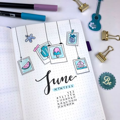 All set up in my bullet journal for June! I knew I wanted the theme to be related to summer. So, in the end I decided to go with a… Bolt Journal, Minimalist Bullet Journal, Bullet Journal Month, Bullet Journel, Bullet Journal 2019, Bullet Journal Page, Journal Setup, Bullet Journal Planner, Journal Spread