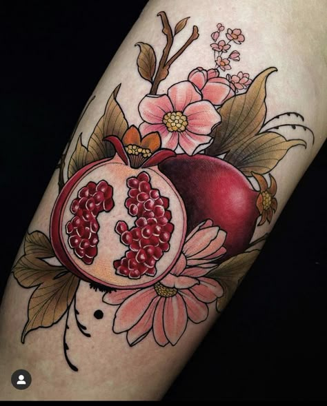 Pomegranate And Peony Tattoo, Cardamom Tattoo, Pomegranate Hand Tattoo, Pomegranate Tattoo Meaning, Flower And Fruit Tattoo, Fruit Bowl Tattoo, Persephone Tattoo Design, Neo Traditional Flash, Neotrad Tattoos