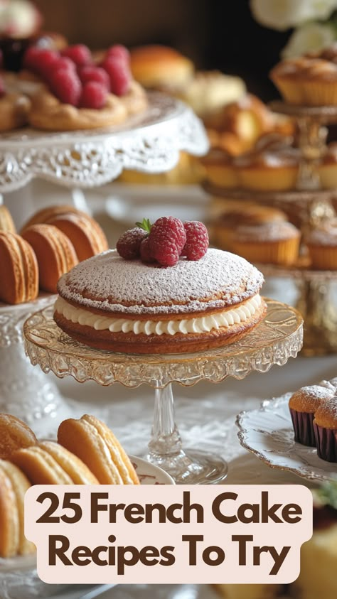 A variety of beautifully presented French cakes, including Madeleines and Opera cake, arranged on a table, showcasing their delicate flavors and classic elegance. French Vanilla Desserts, Wow Desserts Beautiful, French Entremet Desserts, French Cream Cake, Canales Pastry, European Cakes And Tortes, Healthy French Desserts, Desserts Not Too Sweet, French Silk Cake