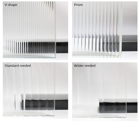 Reeded glass is also known as fluted glass/ribbed glass, as a type of patterned glass it is produced by pressing semi molten glass between metal rollers to create a distinct pattern.  Thickness: 5mm/6mm. Standard Size: 1830*2440mm/1830*3000mm Color option: normal clear/low iron In order to enhance aesthetics and increase design flexibility, color laminates are available, color options include: blue, green, grey, bronze, pink, red, arctic snow, polar white, cool white, colored mirror laminates. 50s Bathroom Decor, 50s Bathroom, Reeded Glass, Glass Doors Interior, Glass Partition, Partition Design, Flute Glass, Furniture Details, Glass Texture