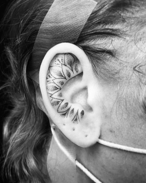 Dot Work Ear Tattoo, Ear Tattoo Mandala, Mandala Ear Tattoo, Inside Ear, Tattoo Signs, Hand Poked Tattoo, Dot Work Tattoo, Tattoo Work, Mandala Tattoo