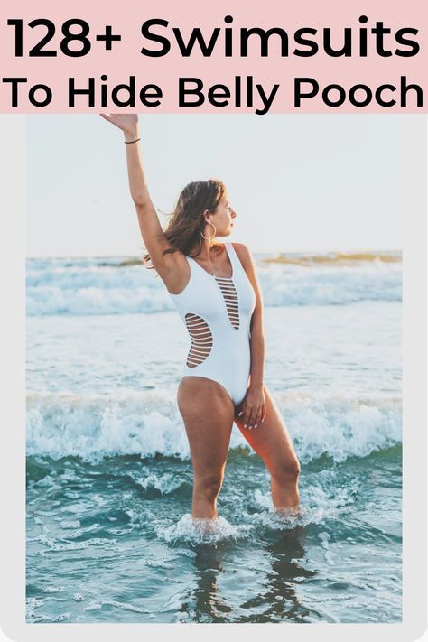 a woman wearing a white one piece bathing suit in the water Plus Size Swimwear Big Belly, Swimsuit For Big Tummy, Mommy In Heels, Mommy Pooch, Mommy Tummy, Flattering Swimwear, Belly Pooch, Mommy Workout, Flattering Swimsuits