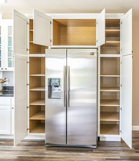 Refrigerator Cabinet Surround, Cabinets Around Fridge, Pumpkin Spice Treats, Refrigerator Cabinet, Built In Pantry, Kitchen Redesign, Kitchen Pantry Design, Kitchen Inspiration Design, Pantry Design