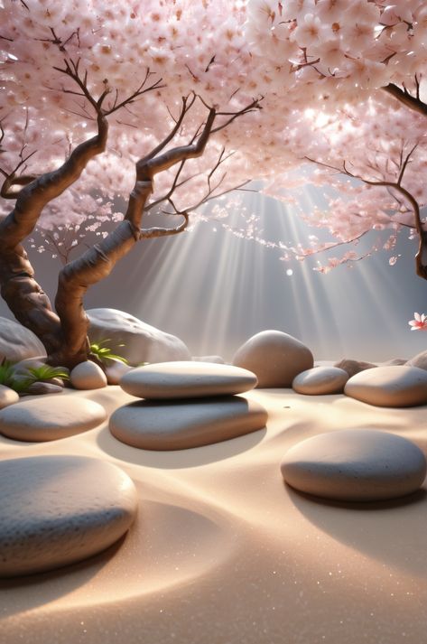 Discover the serenity of a holographic Japanese zen garden in this beautiful digital art piece.  The tranquil scene promotes mindfulness and inner peace. #digitalart #zen #beauty #makeup #beautyinspiration22 Zen Photos, Zen Background, Zen Images, Serenity Art, Image Zen, Cherry Blossom Branches, 3d Holographic, Japanese Zen Garden, Light Filters