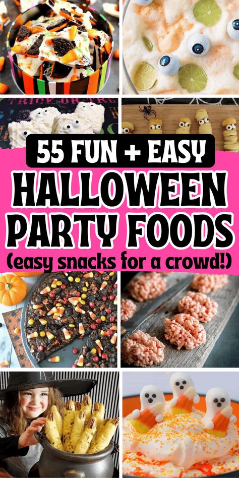 Easy halloween party food! These fun halloween appetizers, easy snacks, and spooky treats are perfect for a crowd. Easy halloween snacks for party, halloween treats, halloween food for party, spooky appetizers, kids halloween party food, spooky desserts, halloween food ideas, adult halloween party food, easy halloween desserts for parties, halloween finger foods, halloween themed food dinner, halloween potluck ideas, halloween dishes for party, halloween baking ideas, halloween appetizers Halloween Snacks For Party Easy, Easy Halloween Party Food Ideas, Spooky Appetizers, Halloween Appetizers For Adults, Spooky Desserts, Halloween Themed Appetizers, Appetizers Kids, Adult Halloween Party Food, Kids Halloween Party Food