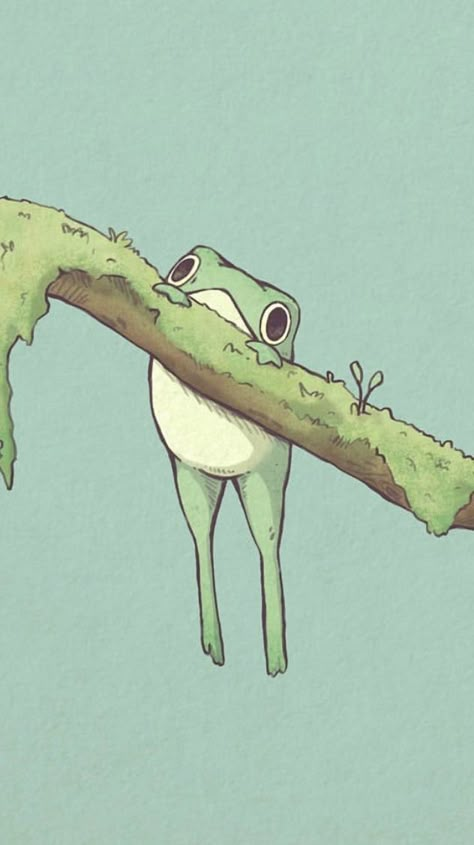 Frog Hanging On Branch, Cute Frog Couple Drawing, Frog In Rain Drawing, Cute Frog Art Wallpaper, Cute Frogs To Draw, Cute Wallpaper Backgrounds Green, Frog And Toad Painting, Cute Frog Design, Frog And Toad Illustration