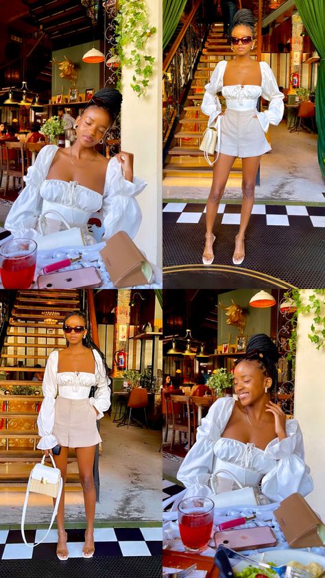 Black woman in luxury Picnic Outfit Shorts, Picnic Outfit Ideas Black Women, Classy Brunch Dress, White Brunch Outfit Classy, Lunch Date Ideas Outfit, Outfits For Petite Black Women, Brunch Dress Black Women, Brunch Black Women Outfit, White Brunch Outfit Black Women