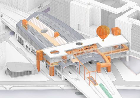 Arseni Timofejev_ Friedrichstraße · Berlin The Thesis introduces a Balloon Station as a strategy to change the reading of this urban node Train Station Architecture, New Urbanism, Architectural Lighting Design, Plans Architecture, Vintage Architecture, Train Stations, Architecture Design Concept, Adaptive Reuse, Architecture Rendering