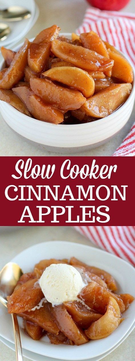 Slow Cooker Cinnamon Apples - An easy recipe for Cinnamon Apples covered in a cider-maple syrup glaze. These sweet and tender apples taste like the inside of an apple pie. Baked Cinnamon Apples Crockpot, Healthy Crockpot Apples, Crock Pot Cinnamon Apples, Crockpot Baked Apples, Slow Cooker Baking, Slow Cooker Apples, Crock Pot Desserts, Cinnamon Recipes, Cooked Apples