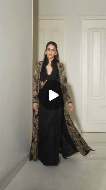 Saree With Jacket, Ridhima Bhasin, Drape Saree, Ruffle Collar, Black Jacket, Muse, Saree, Collar, On Instagram