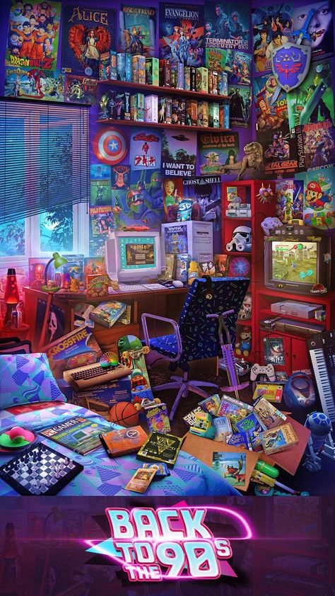 ArtStation - The Ultimate 90s Gaming Room, Rachid Lotf 90s Games Wallpaper, Retro Games Wallpaper, Nerd Room, Retro Gaming Art, New Retro Wave, Desktop Wallpapers Backgrounds, Gamer Room, Game Pictures, Ghost In The Shell