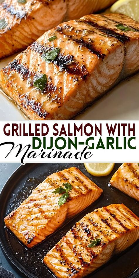 Get ready for flavor-packed Grilled Salmon with Dijon Garlic Marinade! 🧄🍋 This healthy and delicious recipe features a tangy, savory marinade that takes your salmon to the next level. Ideal for grilling season or any time you crave something fresh and tasty! Give it a try! #GrilledSalmon #DijonGarlicSalmon #HealthyGrilling #SalmonRecipes #SeafoodLovers #SummerRecipes Sauce For Grilled Salmon, Pesto Recipes Dinner, Best Salmon Marinade, Salmon Marinade Recipes, Salmon Marinade, Salmon Soy Sauce, Garlic Marinade, Grilled Salmon Recipes, Cholesterol Recipes