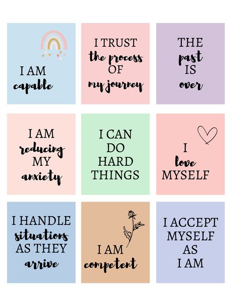 20 Affirmation Cards For Women by Giuseppina Designs #AffirmationCards #PositiveVibes #SelfLove #DailyAffirmations Self Care Cards Free Printable, Coping Cards, Friendship Circle, Affirmation Cards Printable, Cards For Women, Sensory Therapy, Big Feelings, Girl Power Quotes, Healing Journaling