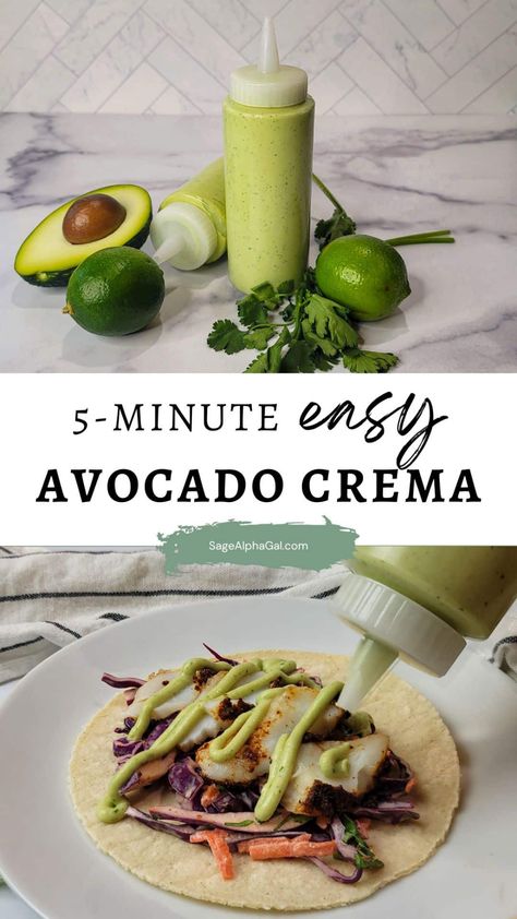 This avocado crema recipe is a simple, fast way to add fresh, tangy flavor to your favorite dishes. Made with ripe avocados, lime, and a creamy base like Greek yogurt, this avocado cream sauce adds an authentic touch to any meal, especially Mexican dishes like tacos and burrito bowls. The easy recipe takes just five minutes, making it perfect for last-minute meals or gatherings. Plus, with the lime juice helping to preserve freshness, you can store it in the fridge for several days. Greek Yogurt Avocado Crema, Like Crema Recipe, Avocado Crema Sauce, Avocado Sauce Recipes, Healthy Sauces For Bowls, Recipes With Avocado Healthy, Avocado Cream Sauce For Tacos, What To Do With Avocado, Crema Mexicana Recipe