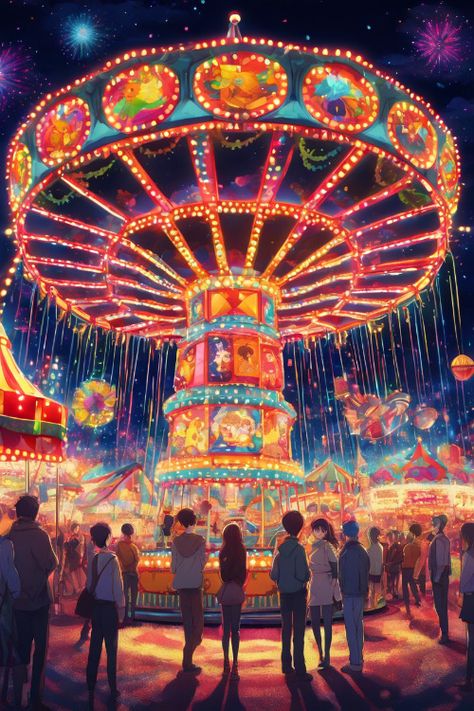 Night Carnival Motion Check more: https://paintlyx.com/night-carnival-motion/ Fantasy Carnival Concept Art, Carnival Landscape, Carnival Core, Carnival At Night, Carnival Painting, Night Carnival, Silly Clown, Carnival Aesthetic, Merry Go Round Carousel