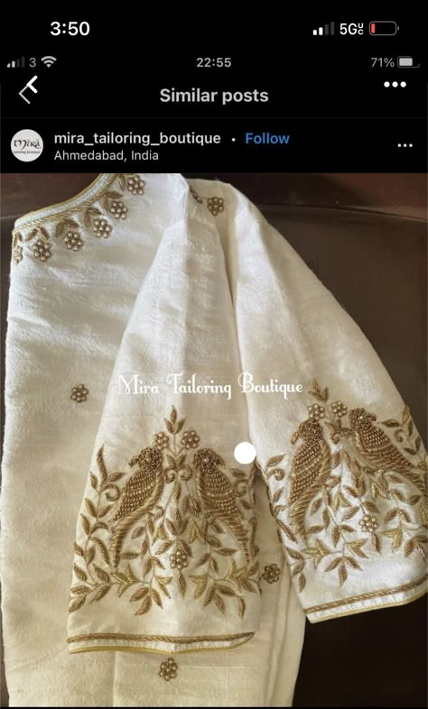 White And Gold Blouse Designs, Off White Silk Blouse Designs Work, White Blouse With Gold Embroidery, White Blouse With Gold Work, Cream Colour Blouse Work Designs, White Zardosi Work Blouse, Khatwork In Blouse, Cream Color Blouse Work Designs, White Blouse Hand Work Design