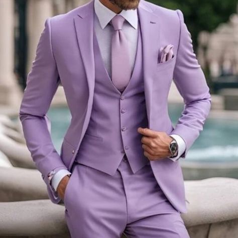 Suits for Men Lilac Stylish 3 Piece Classic Tuxedos Blazer Vest Pants Formal Elegant Male Wedding Light Purple Suit, Groomsmen Tuxedos, Male Wedding, Purple Suit, Classic Tuxedo, Purple Suits, Suit For Men, Wedding Groomsmen, Tuxedo Blazer