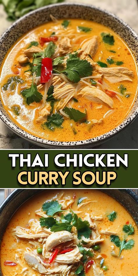 This Thai Chicken Curry Soup is the perfect blend of creamy coconut milk, tender chicken, aromatic spices, and fresh vegetables! 🥥🍗🌶️ 🌟 Ready in just 30 minutes – this dish is ideal for busy weeknights or when you want to impress your guests with a delicious homemade Thai-inspired soup!🌱 👉 Try this Easy Thai Chicken Curry Soup today and experience the perfect balance of spicy, savory, and creamy goodness! #ThaiChickenCurry #SoupRecipe #HealthyDinner #QuickRecipes #GlutenFree Thai Yellow Coconut Curry, Spicy Thai Chicken Soup, Yellow Coconut Curry, Spicy Chicken Soup Recipes, Thai Chicken Curry Soup, Coconut Curry Chicken Soup, Easy Thai Chicken, Thai Soup Recipes, Spicy Soup Recipes