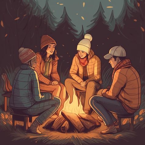 Camping Drawing Reference, Camping Fire Drawing, Friends Around Campfire, Camp Fire Drawing Reference, Campfire Drawing Reference, People Together Illustration, Friends Around A Campfire, People Sitting Around Campfire, People Around Campfire