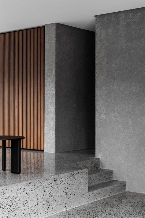 Concrete Walls Interior, Concrete Interior Design, Timber Screens, Concrete Interiors, Timber Panelling, Interior Wall Design, Dark Interiors, Curated Design, Polished Concrete