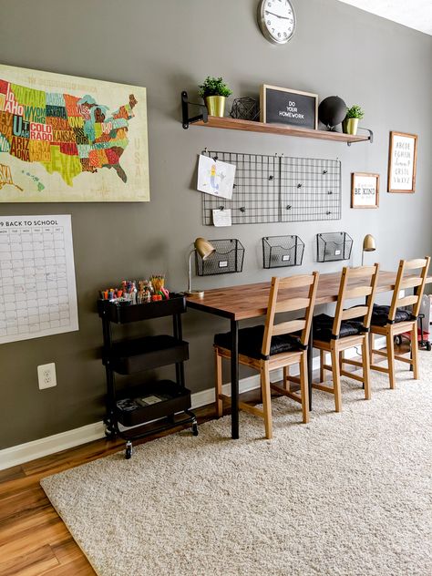 Creating a homework station for three kids for less than $300. How to do it yourself, organize supplies, and display artwork. #homeworkstation #diyhomeworkstation #triplehomeworkstation #organizedhomework #organizedkids #craftorganization #craftsupplies #homeworkdisplay #artdisplay #kidsspaces #organizedhomework #ikeahack Kids Homework Room, Kids Homework Station, Homeschool Room Decor, Homeschool Room Design, Homeschool Room Organization, Homework Room, Homework Station, Homeschool Decor, Kids Homework