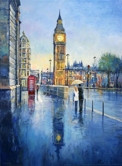 Buy London Rainy Street - Painting from Behshad Arjomandi for 1.100,00 EUR on Artelista.com, with free shipping and return worldwide Art Buildings, London Painting, Dream Painting, Abstract City, City Painting, Simple Acrylic Paintings, Gcse Art, London Art, Art Watercolor