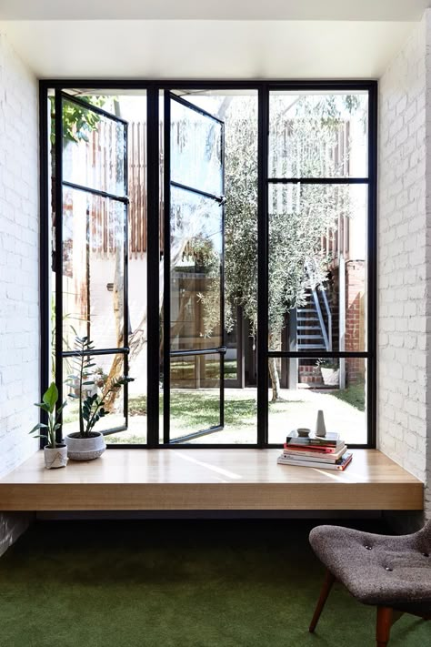 Window Seat Design, 아파트 인테리어, White Brick, Natural Home Decor, Open Window, Wooden Bench, Window Design, Beautiful Architecture, Bay Window